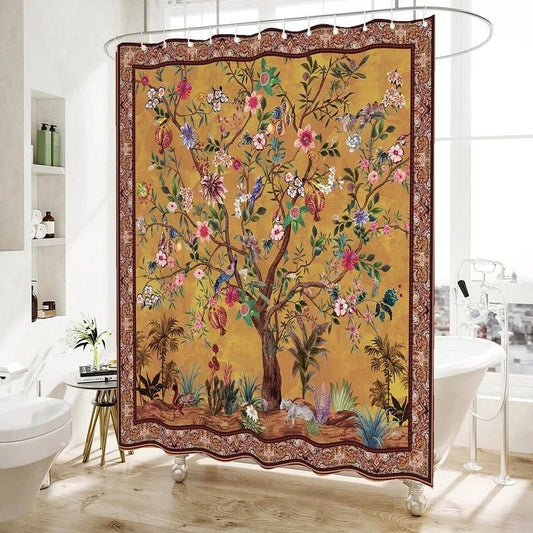 72-inch Brown Red Orange Green Floral Tree Birds Plants Flowers Shower